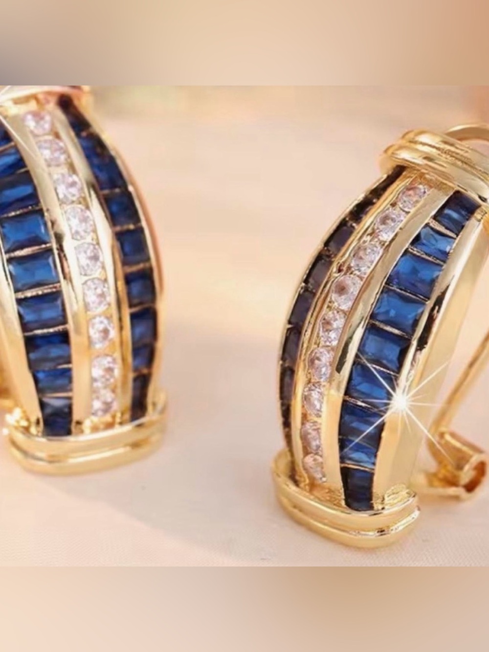 Gold-Plated Blue Crystal Hoop Earrings with Clear Accents
